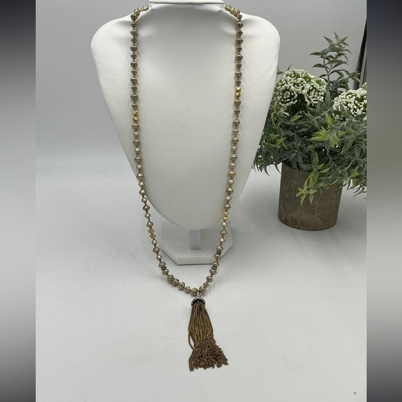 Stella & Dot Milana Tassel Rhinestones Pendant Long Necklace Gold Bronze - Picture 1 of 12